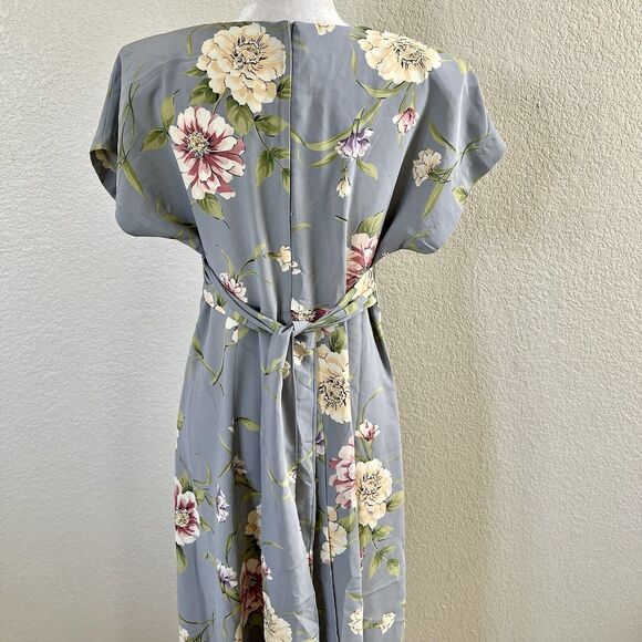 Vtg 80s 90s Dawn Joy Blue Floral Midi Dress Tie Waist Cottagecore Size 11/12 - Picture 9 of 14